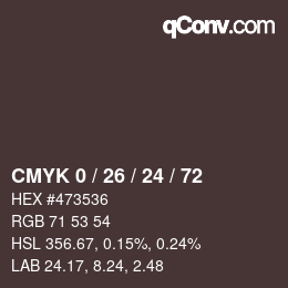 カラーコード: CMYK 0 / 26 / 24 / 72 | qconv.com