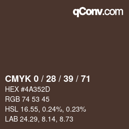 Code couleur: CMYK 0 / 28 / 39 / 71 | qconv.com