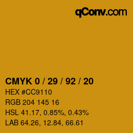 カラーコード: CMYK 0 / 29 / 92 / 20 | qconv.com