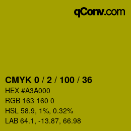 カラーコード: CMYK 0 / 2 / 100 / 36 | qconv.com