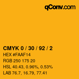 カラーコード: CMYK 0 / 30 / 92 / 2 | qconv.com