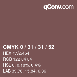 Code couleur: CMYK 0 / 31 / 31 / 52 | qconv.com