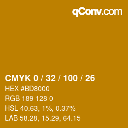 カラーコード: CMYK 0 / 32 / 100 / 26 | qconv.com
