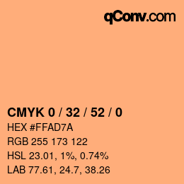 カラーコード: CMYK 0 / 32 / 52 / 0 | qconv.com