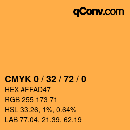 カラーコード: CMYK 0 / 32 / 72 / 0 | qconv.com