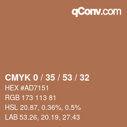 Code couleur: CMYK 0 / 35 / 53 / 32 | qconv.com