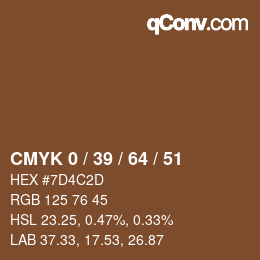 Code couleur: CMYK 0 / 39 / 64 / 51 | qconv.com