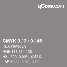 Farbcode: CMYK 0 / 3 / 0 / 46 | qconv.com