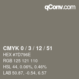 カラーコード: CMYK 0 / 3 / 12 / 51 | qconv.com