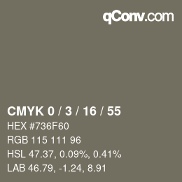 カラーコード: CMYK 0 / 3 / 16 / 55 | qconv.com