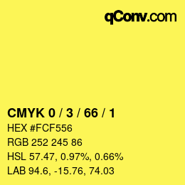 カラーコード: CMYK 0 / 3 / 66 / 1 | qconv.com