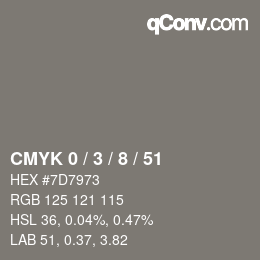 カラーコード: CMYK 0 / 3 / 8 / 51 | qconv.com