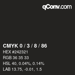 カラーコード: CMYK 0 / 3 / 8 / 86 | qconv.com