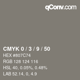 カラーコード: CMYK 0 / 3 / 9 / 50 | qconv.com