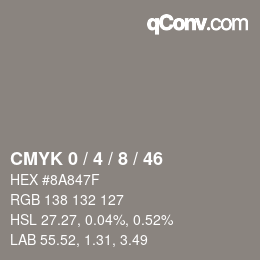 Code couleur: CMYK 0 / 4 / 8 / 46 | qconv.com