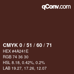 カラーコード: CMYK 0 / 51 / 60 / 71 | qconv.com