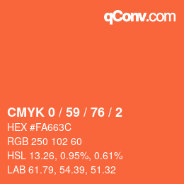 カラーコード: CMYK 0 / 59 / 76 / 2 | qconv.com