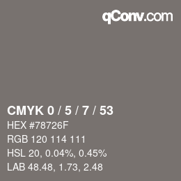 Code couleur: CMYK 0 / 5 / 7 / 53 | qconv.com