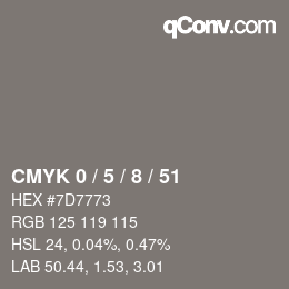 カラーコード: CMYK 0 / 5 / 8 / 51 | qconv.com