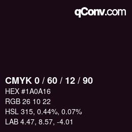 カラーコード: CMYK 0 / 60 / 12 / 90 | qconv.com