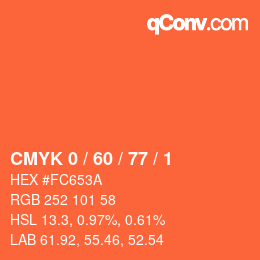 カラーコード: CMYK 0 / 60 / 77 / 1 | qconv.com