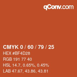 カラーコード: CMYK 0 / 60 / 79 / 25 | qconv.com