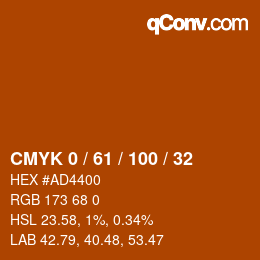 カラーコード: CMYK 0 / 61 / 100 / 32 | qconv.com