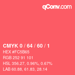 カラーコード: CMYK 0 / 64 / 60 / 1 | qconv.com