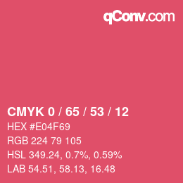 カラーコード: CMYK 0 / 65 / 53 / 12 | qconv.com