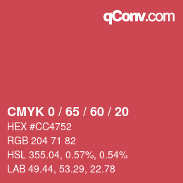 カラーコード: CMYK 0 / 65 / 60 / 20 | qconv.com