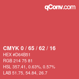 カラーコード: CMYK 0 / 65 / 62 / 16 | qconv.com