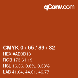 カラーコード: CMYK 0 / 65 / 89 / 32 | qconv.com