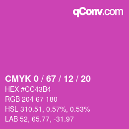 カラーコード: CMYK 0 / 67 / 12 / 20 | qconv.com