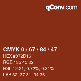 Code couleur: CMYK 0 / 67 / 84 / 47 | qconv.com