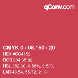 颜色代码: CMYK 0 / 68 / 60 / 20 | qconv.com