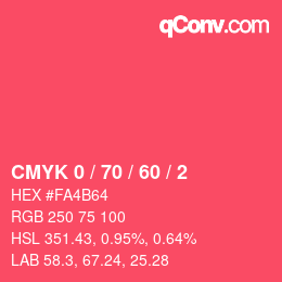 カラーコード: CMYK 0 / 70 / 60 / 2 | qconv.com