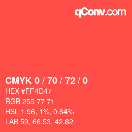 颜色代码: CMYK 0 / 70 / 72 / 0 | qconv.com