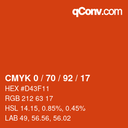 カラーコード: CMYK 0 / 70 / 92 / 17 | qconv.com