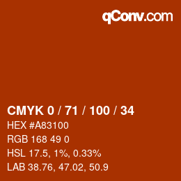颜色代码: CMYK 0 / 71 / 100 / 34 | qconv.com