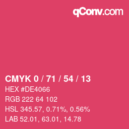 カラーコード: CMYK 0 / 71 / 54 / 13 | qconv.com