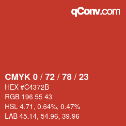カラーコード: CMYK 0 / 72 / 78 / 23 | qconv.com