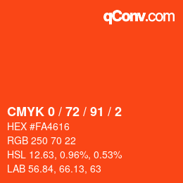 Farbcode: CMYK 0 / 72 / 91 / 2 | qconv.com