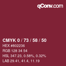 カラーコード: CMYK 0 / 73 / 58 / 50 | qconv.com