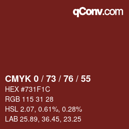 カラーコード: CMYK 0 / 73 / 76 / 55 | qconv.com
