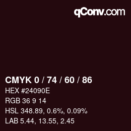 カラーコード: CMYK 0 / 74 / 60 / 86 | qconv.com