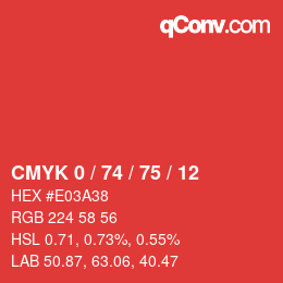 カラーコード: CMYK 0 / 74 / 75 / 12 | qconv.com