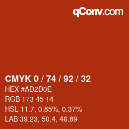 カラーコード: CMYK 0 / 74 / 92 / 32 | qconv.com