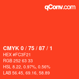 Farbcode: CMYK 0 / 75 / 87 / 1 | qconv.com