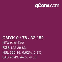 カラーコード: CMYK 0 / 76 / 32 / 52 | qconv.com