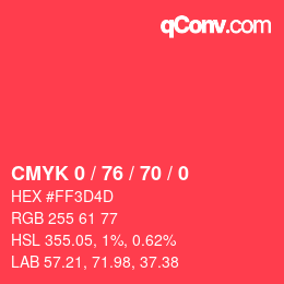 颜色代码: CMYK 0 / 76 / 70 / 0 | qconv.com